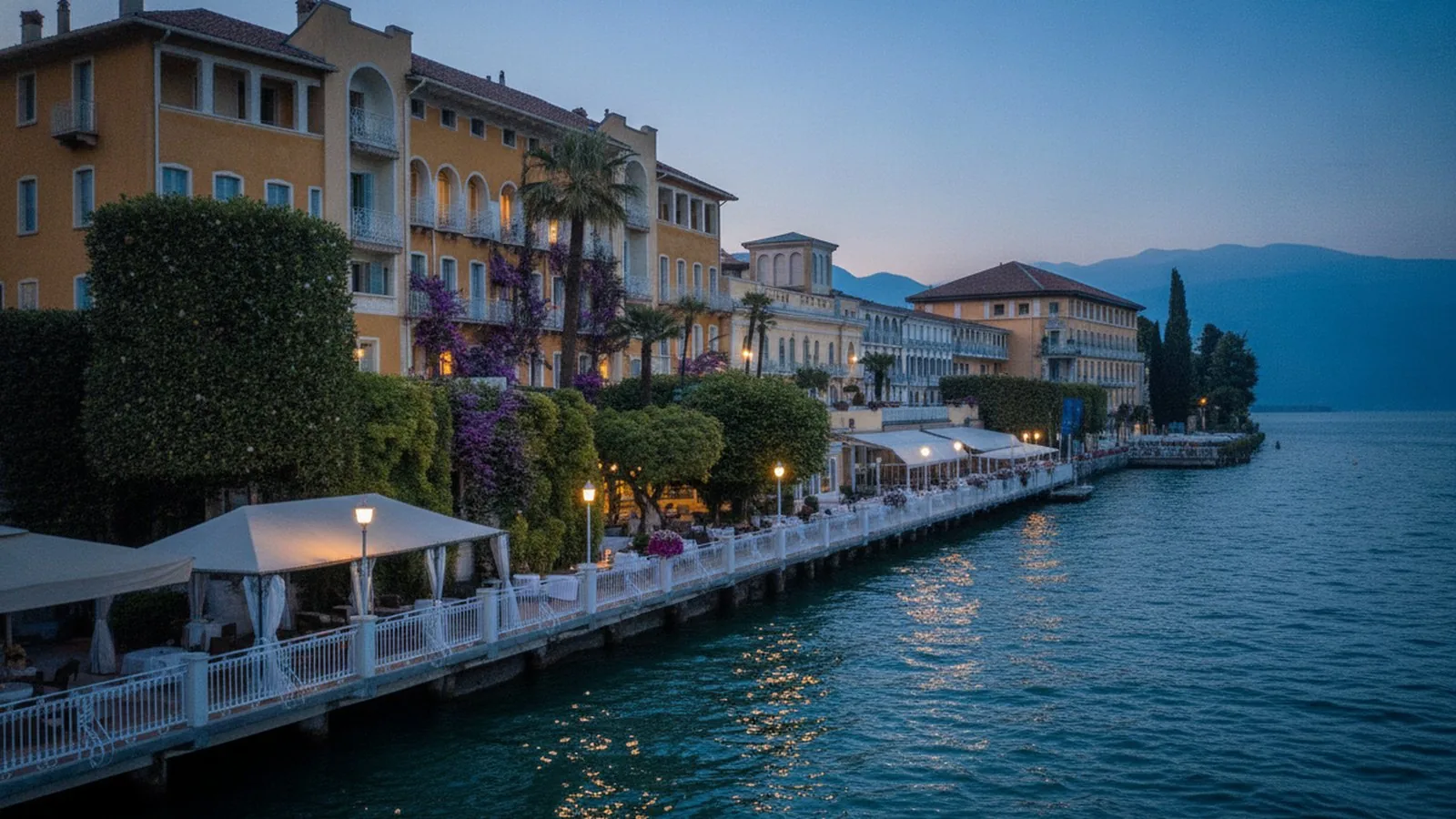 Il lungolago di Gardone Riviera con gli alberghi Liberty affacciati sull'acqua