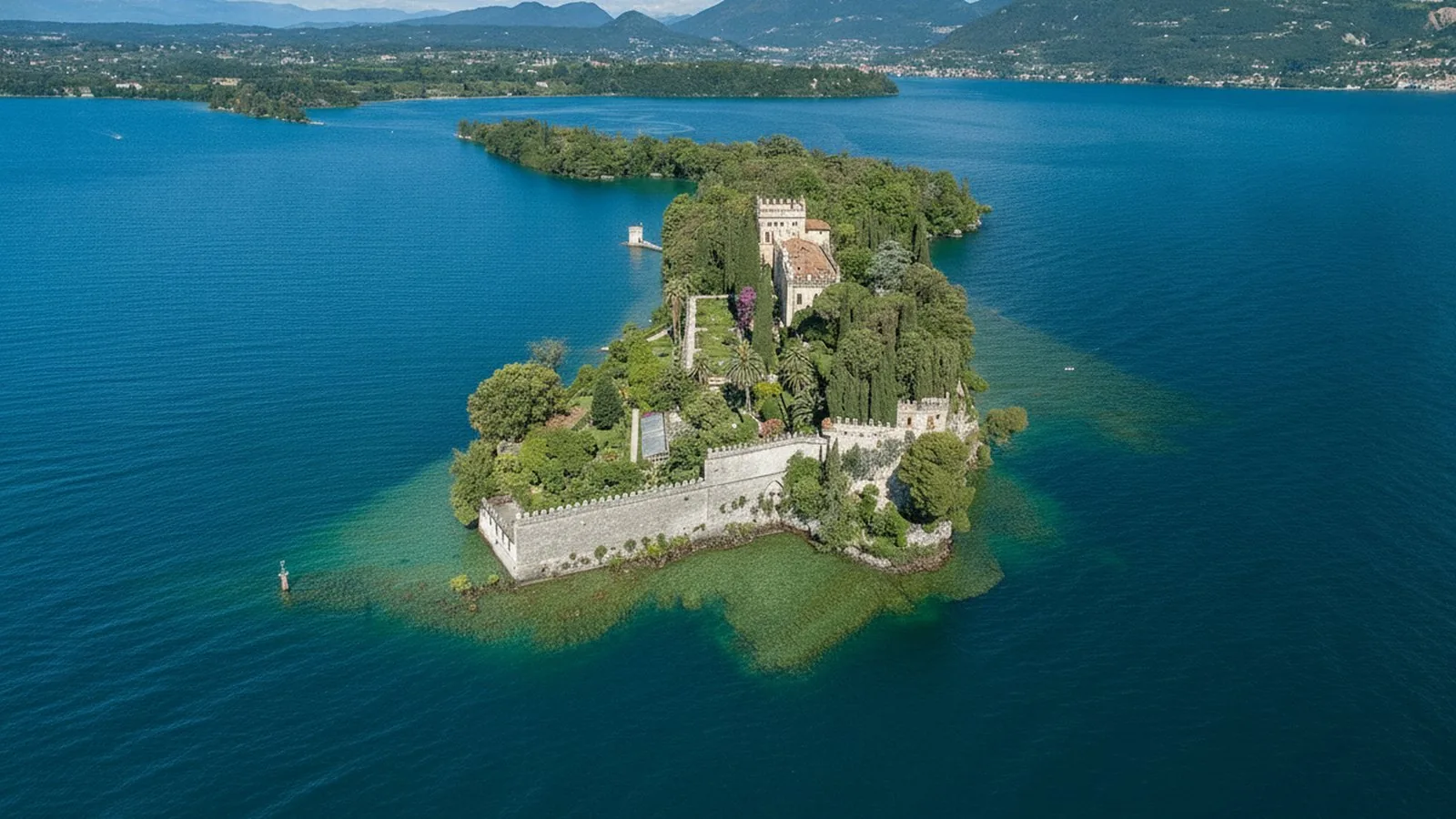 L'Isola del Garda vista dall'alto, con la villa neogotica e i giardini all'italiana