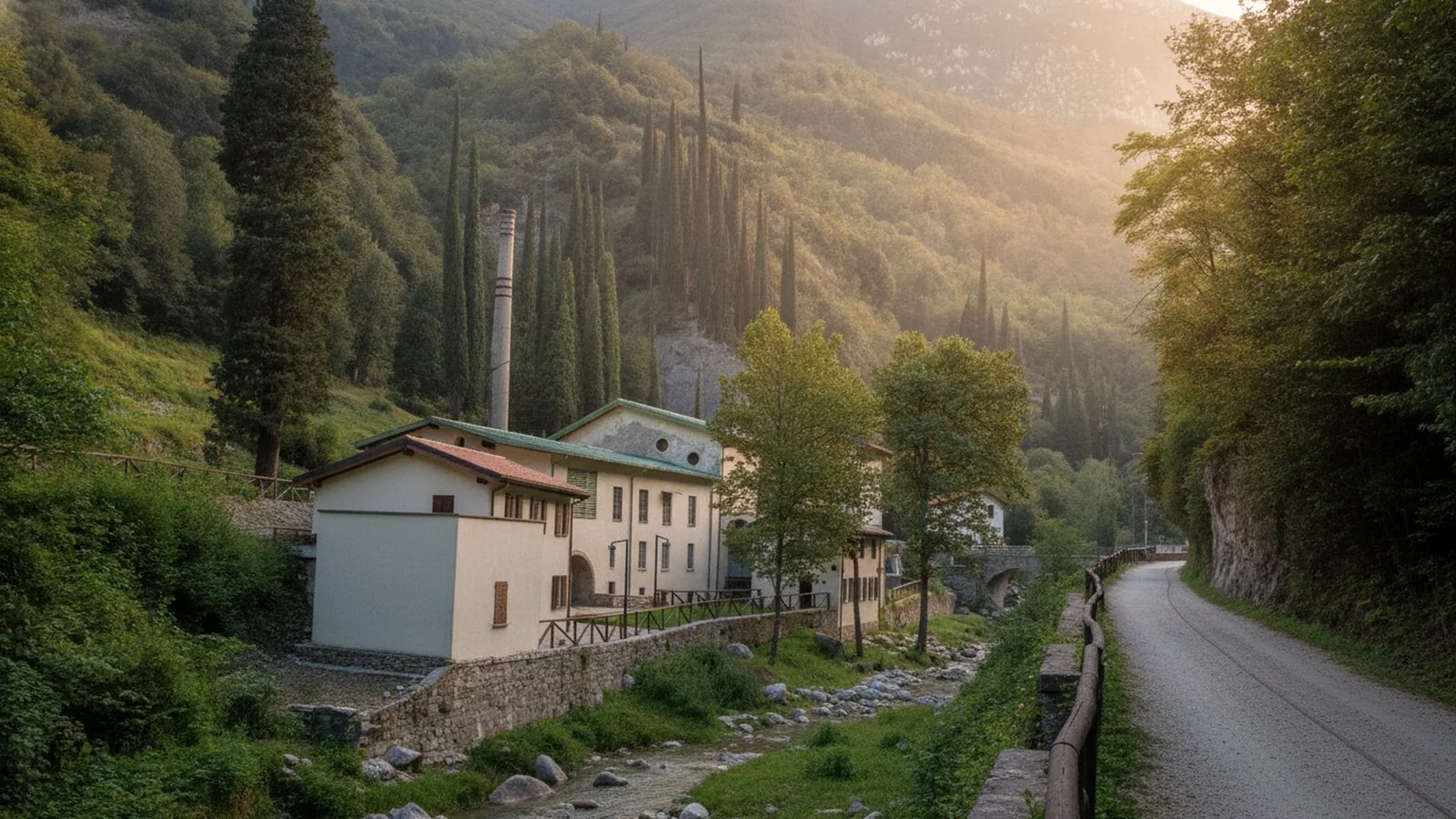 La Valle delle Cartiere di Toscolano Maderno con un antico opificio lungo la strada